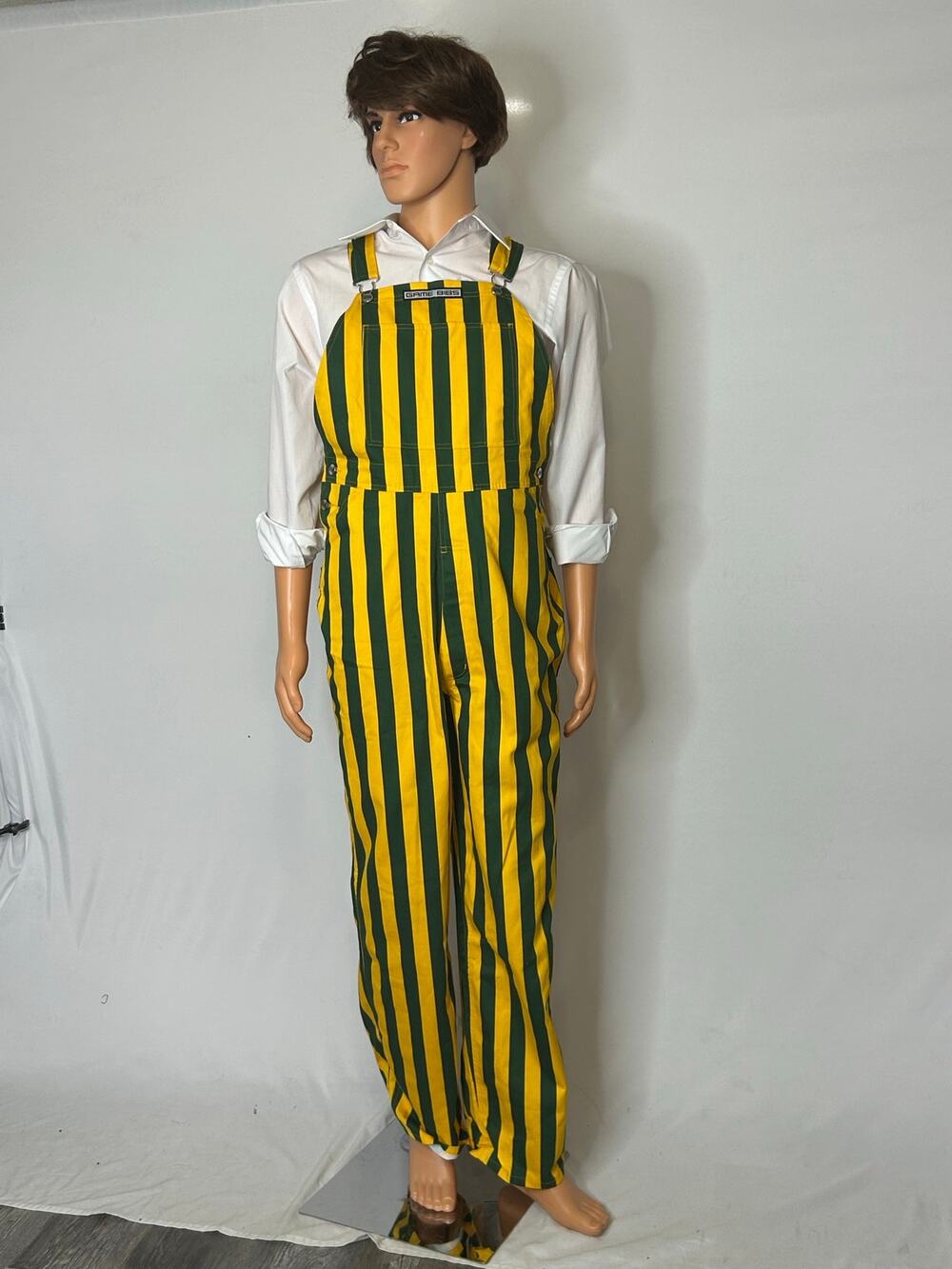 Game Bibs Green Yellow Striped Overalls Adult Med Green Bay Packers Fan Game Day